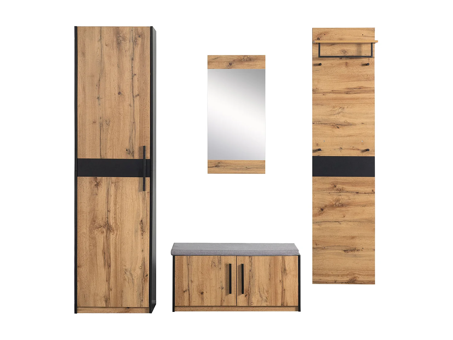 Ensemble meuble d'entrée - Vestiaire - banc à chaussures + miroir + porte-manteau + armoir - Chêne