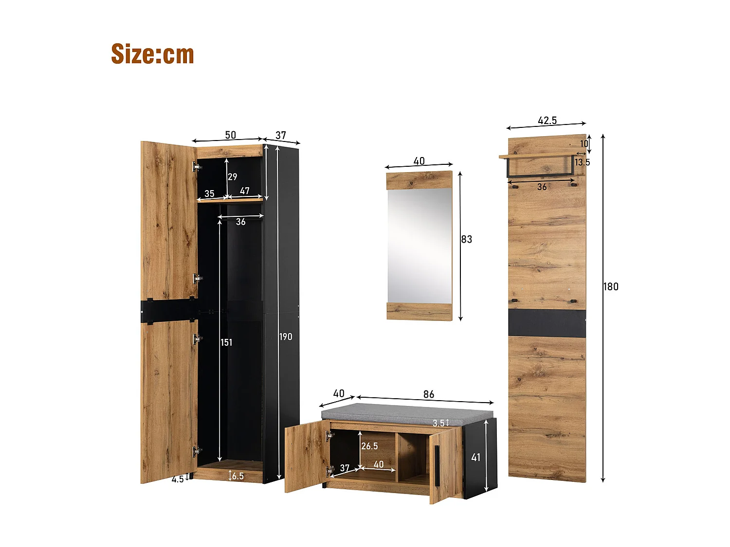 Ensemble meuble d'entrée - Vestiaire - banc à chaussures + miroir + porte-manteau + armoir - Chêne