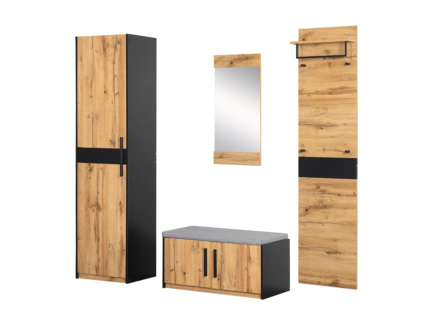 Ensemble meuble d'entrée - Vestiaire - banc à chaussures + miroir + porte-manteau + armoir - Chêne