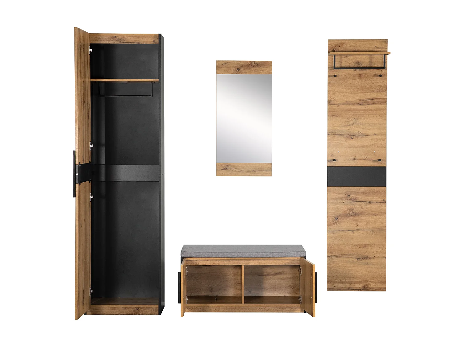 Ensemble meuble d'entrée - Vestiaire - banc à chaussures + miroir + porte-manteau + armoir - Chêne