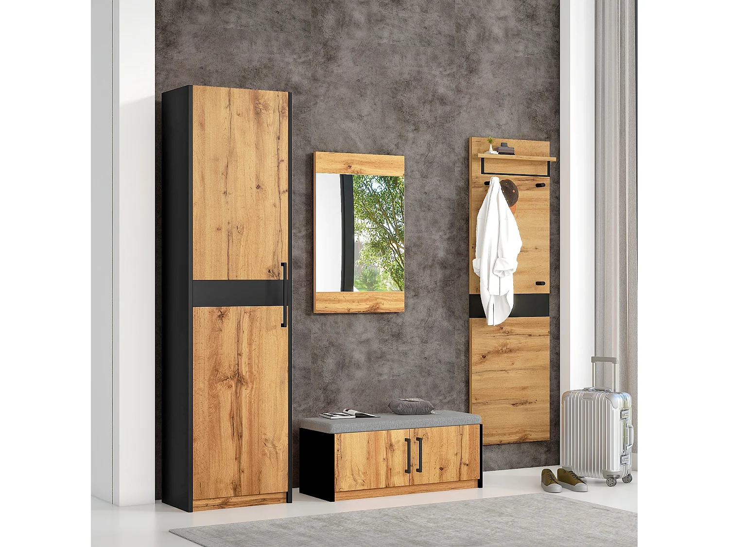 Ensemble meuble d'entrée - Vestiaire - banc à chaussures + miroir + porte-manteau + armoir - Chêne