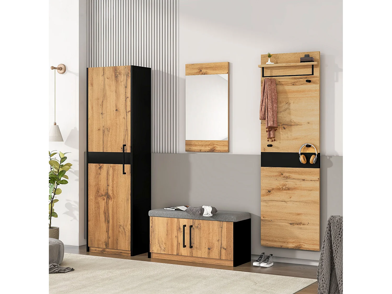 Ensemble meuble d'entrée - Vestiaire - banc à chaussures + miroir + porte-manteau + armoir - Chêne
