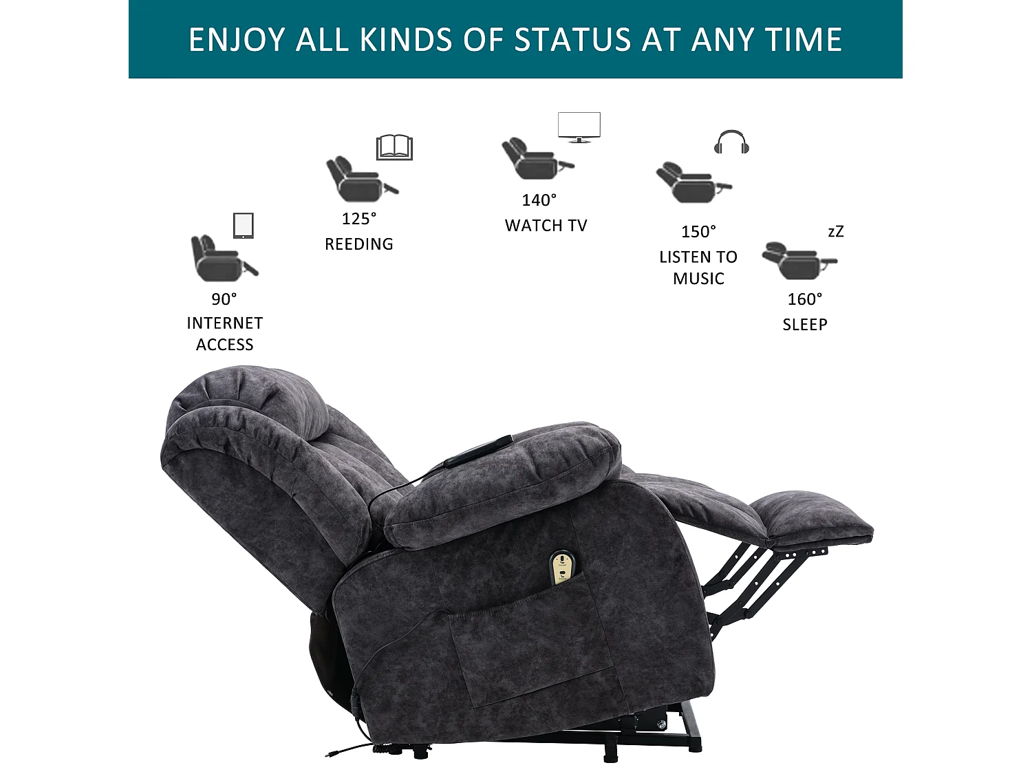 Fauteuil massant - Fauteuil électrique inclinable - Fonction chauffage et vibration - Velours - Gris