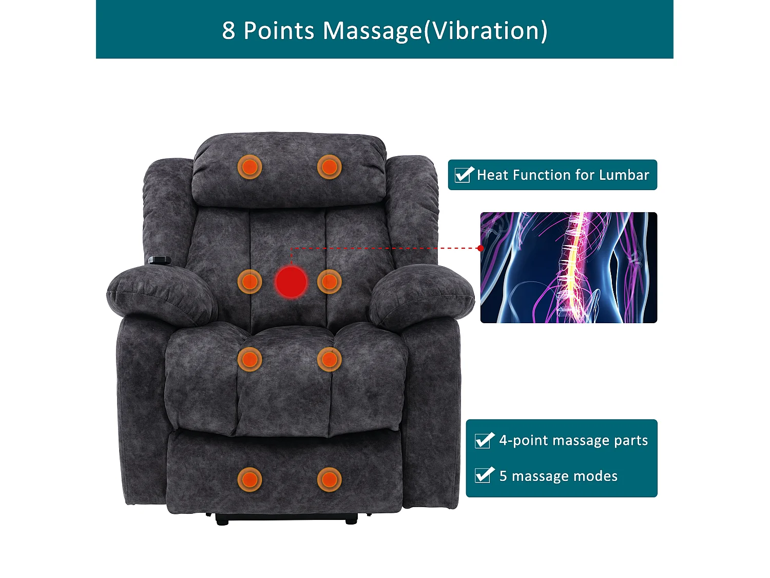 Fauteuil massant - Fauteuil électrique inclinable - Fonction chauffage et vibration - Velours - Gris