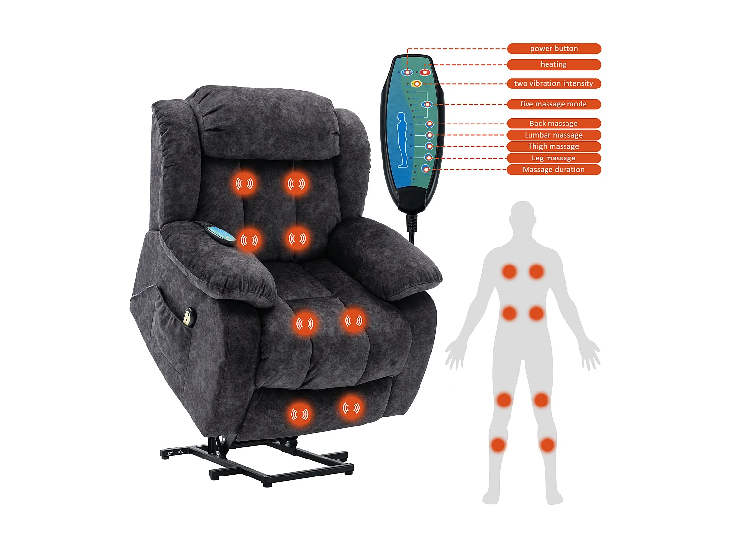 Fauteuil massant - Fauteuil électrique inclinable - Fonction chauffage et vibration - Velours - Gris