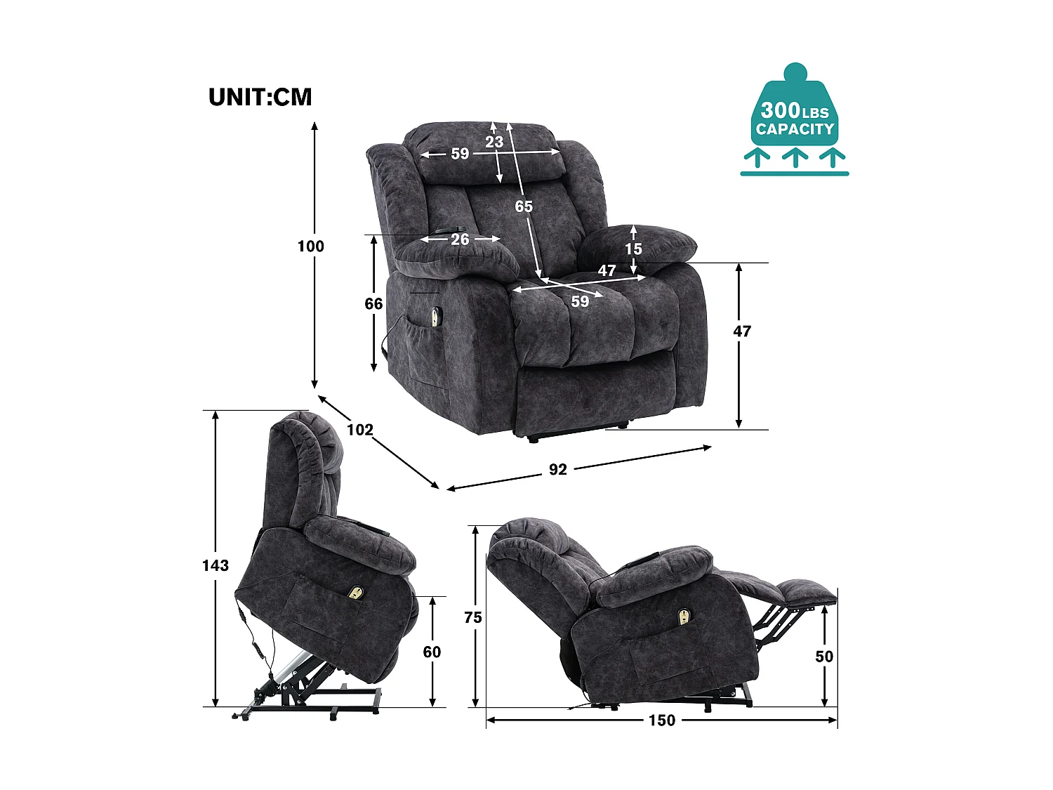 Fauteuil massant - Fauteuil électrique inclinable - Fonction chauffage et vibration - Velours - Gris