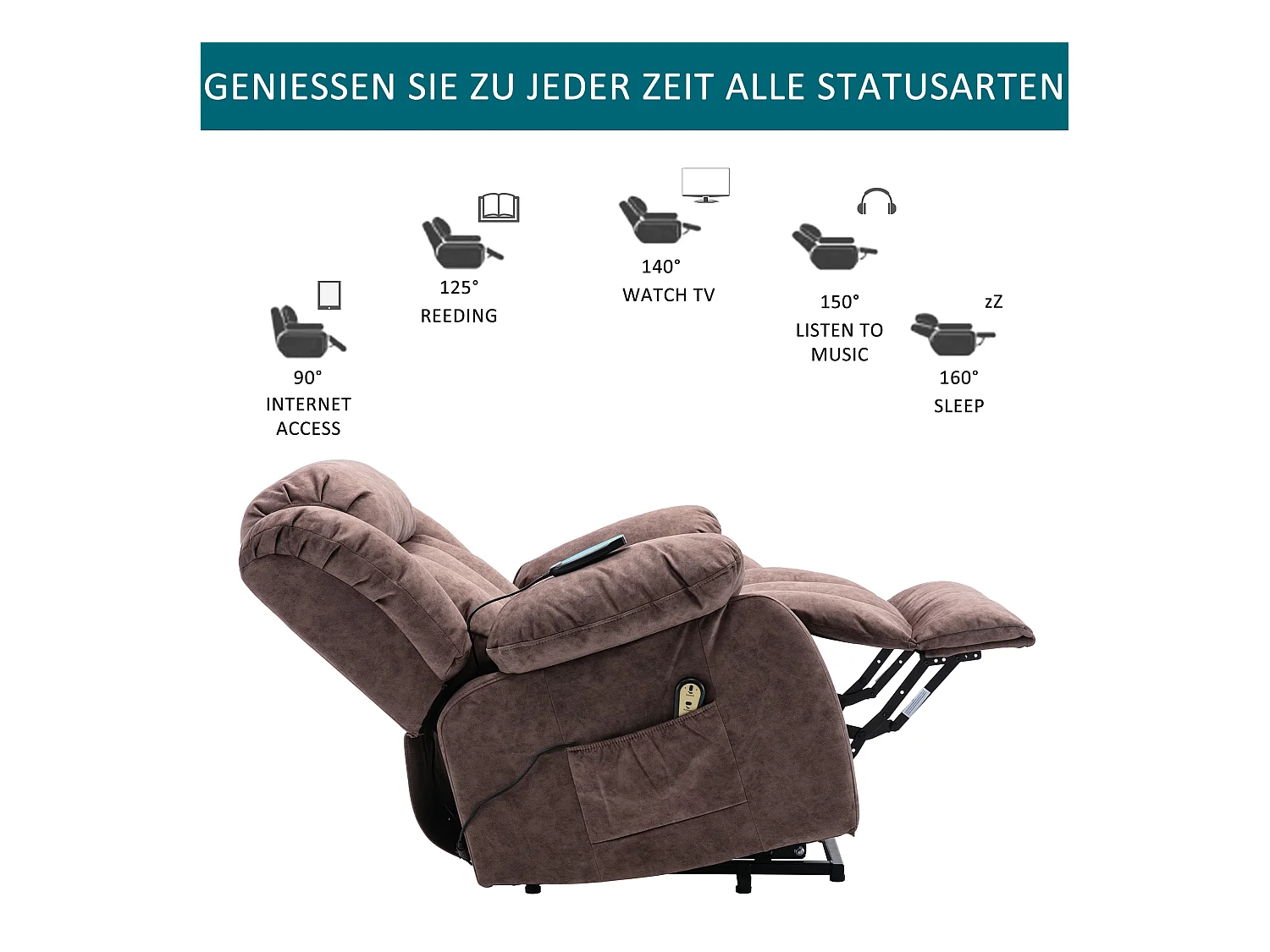 Massagesessel – Elektrischer Liegesessel – Heiz- und Vibrationsfunktion – Samt – Braun