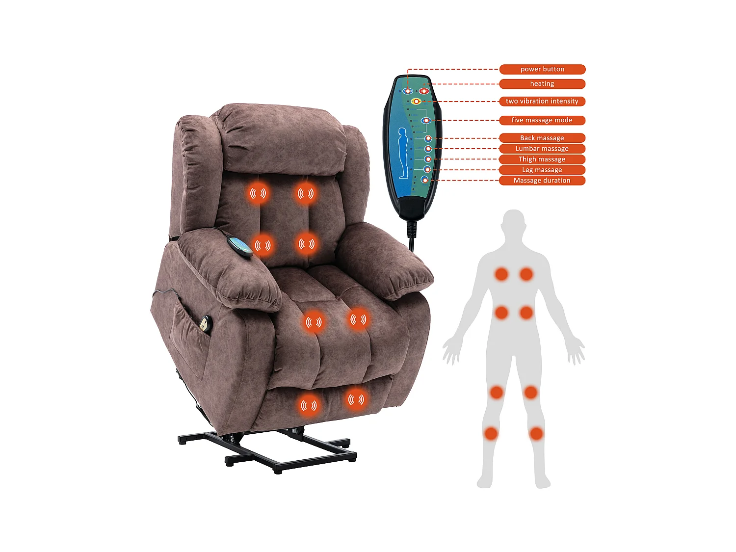 Massagesessel – Elektrischer Liegesessel – Heiz- und Vibrationsfunktion – Samt – Braun