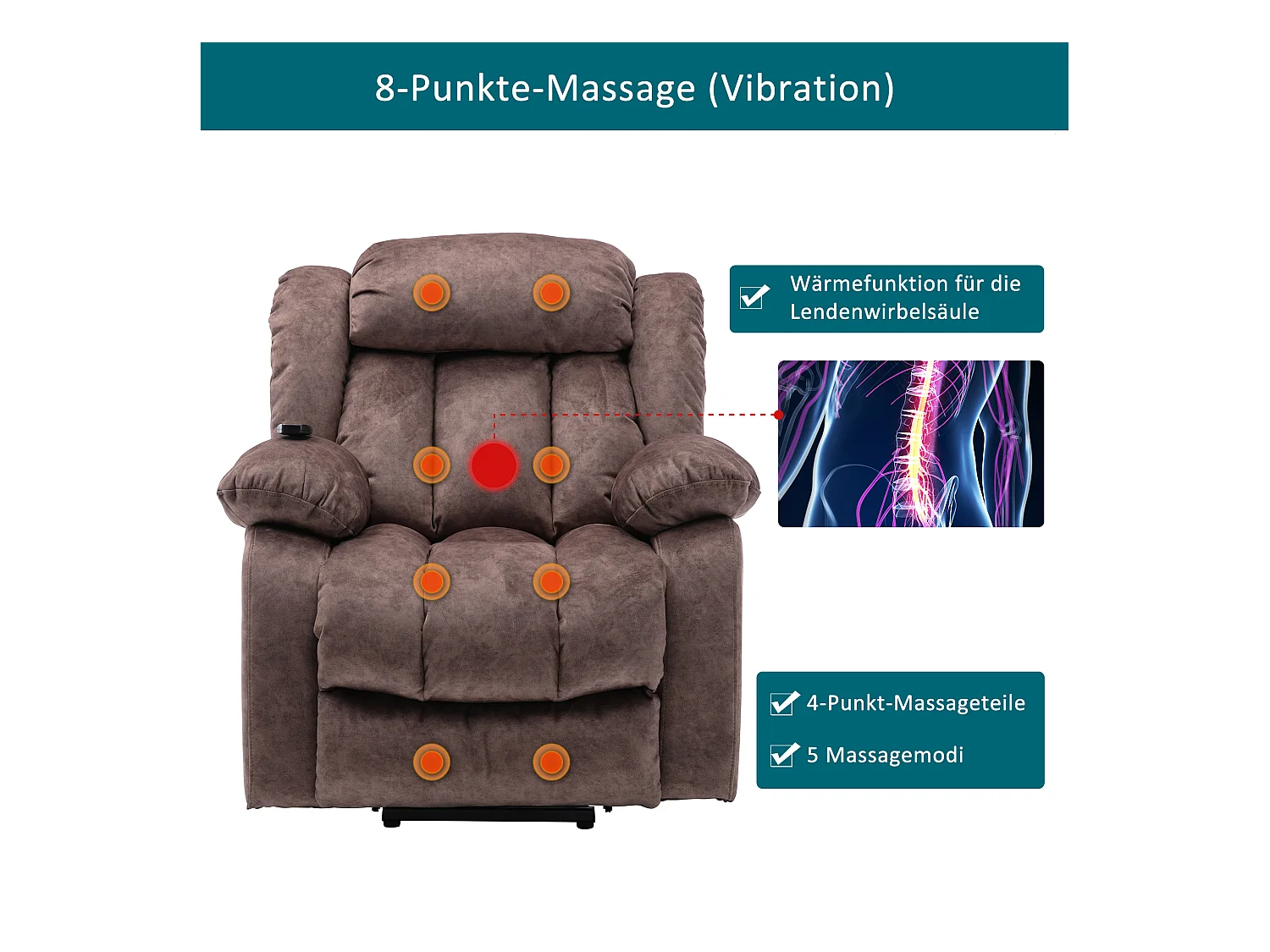 Massagesessel – Elektrischer Liegesessel – Heiz- und Vibrationsfunktion – Samt – Braun