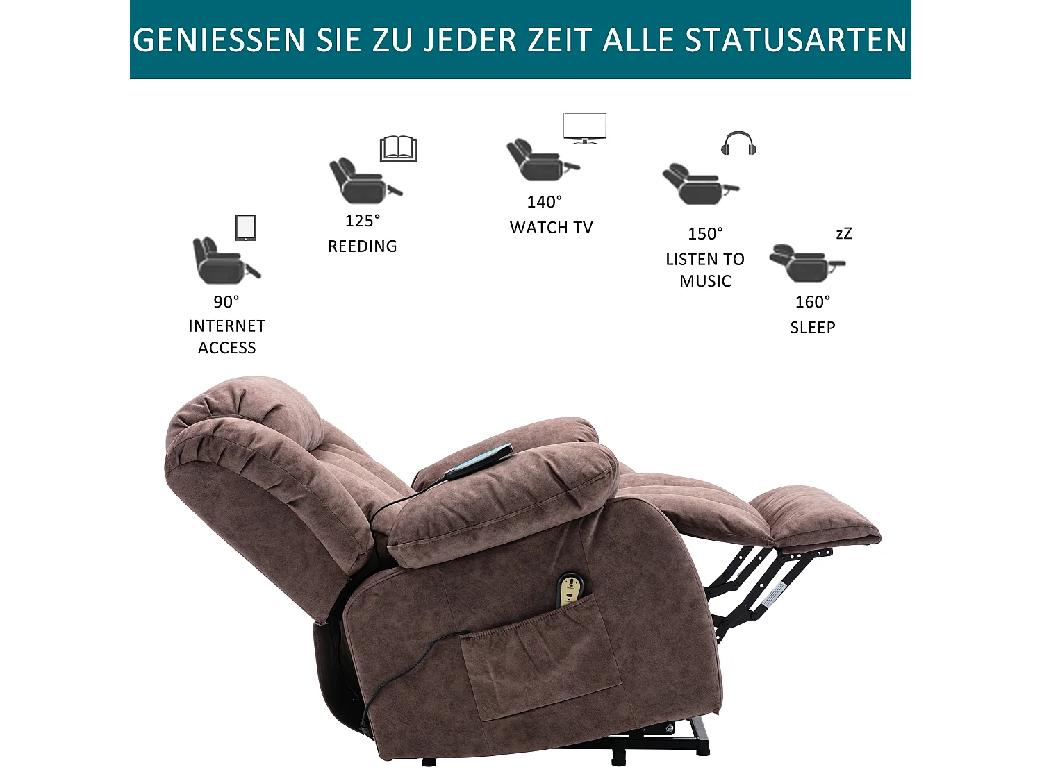 Massagesessel – Elektrischer Liegesessel – Heiz- und Vibrationsfunktion – Samt – Braun
