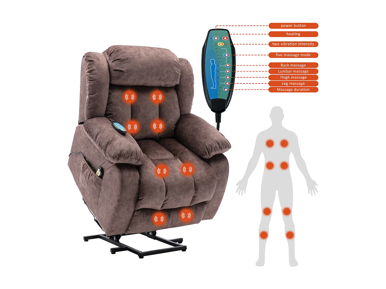 Massagesessel – Elektrischer Liegesessel – Heiz- und Vibrationsfunktion – Samt – Braun