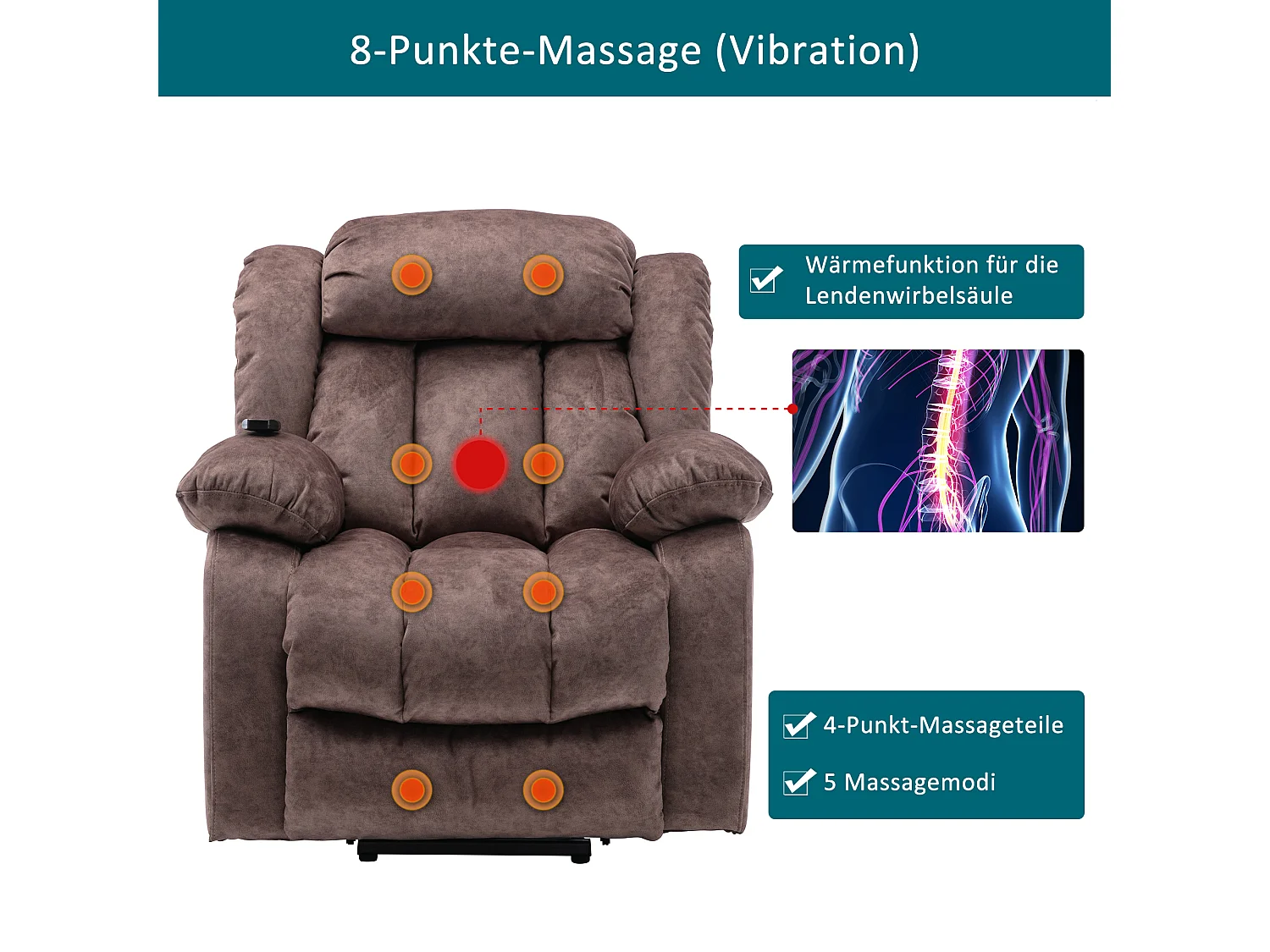 Massagesessel – Elektrischer Liegesessel – Heiz- und Vibrationsfunktion – Samt – Braun