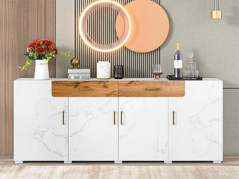 Buffet avec 4 portes et 2 tiroirs - Panneaux de particules - pour salon et salle à manger - Blanc et naturel