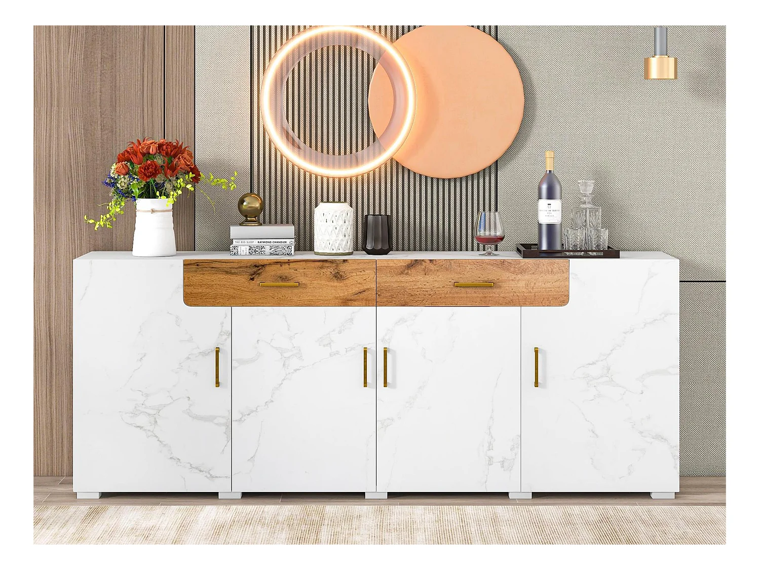 Buffet avec 4 portes et 2 tiroirs - Panneaux de particules - pour salon et salle à manger - Blanc et naturel