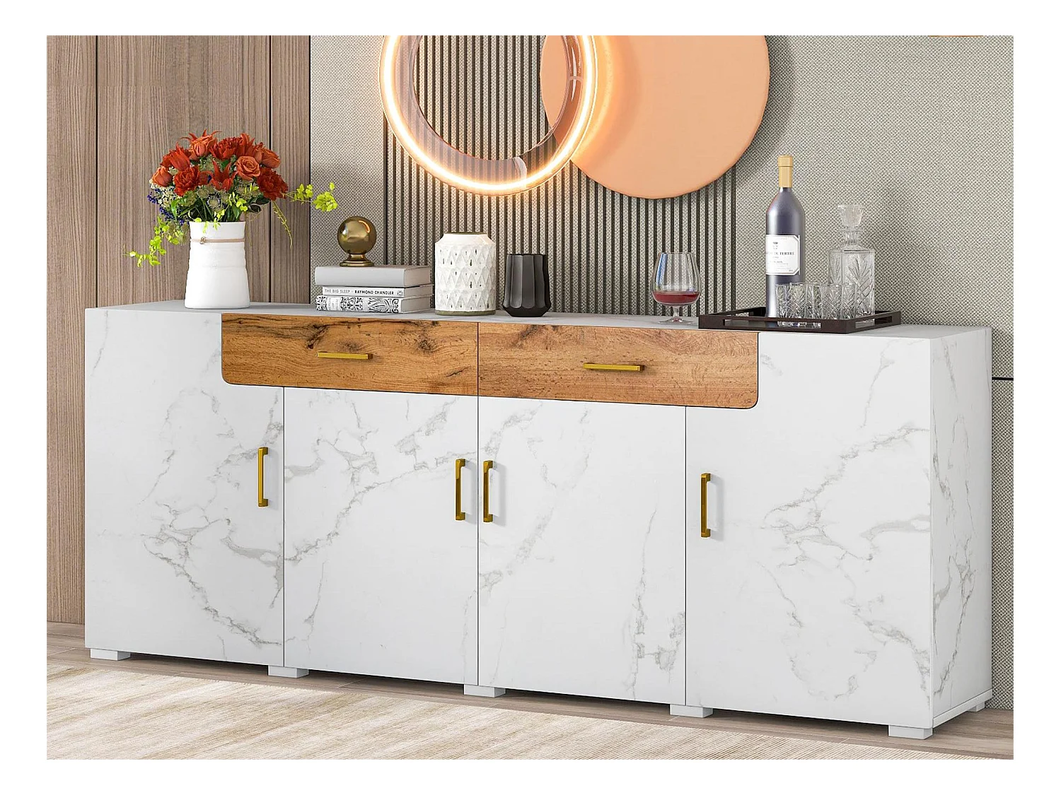 Komoda z 4 drzwiami i 2 szufladami - Płyta wiórowa - do salonu i jadalni - Biały i naturalny