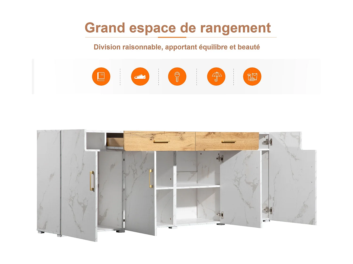 Buffet avec 4 portes et 2 tiroirs - Panneaux de particules - pour salon et salle à manger - Blanc et naturel