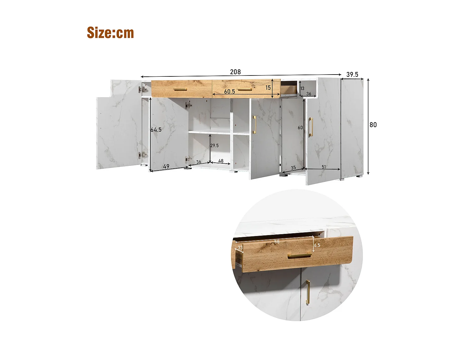 Buffet avec 4 portes et 2 tiroirs - Panneaux de particules - pour salon et salle à manger - Blanc et naturel