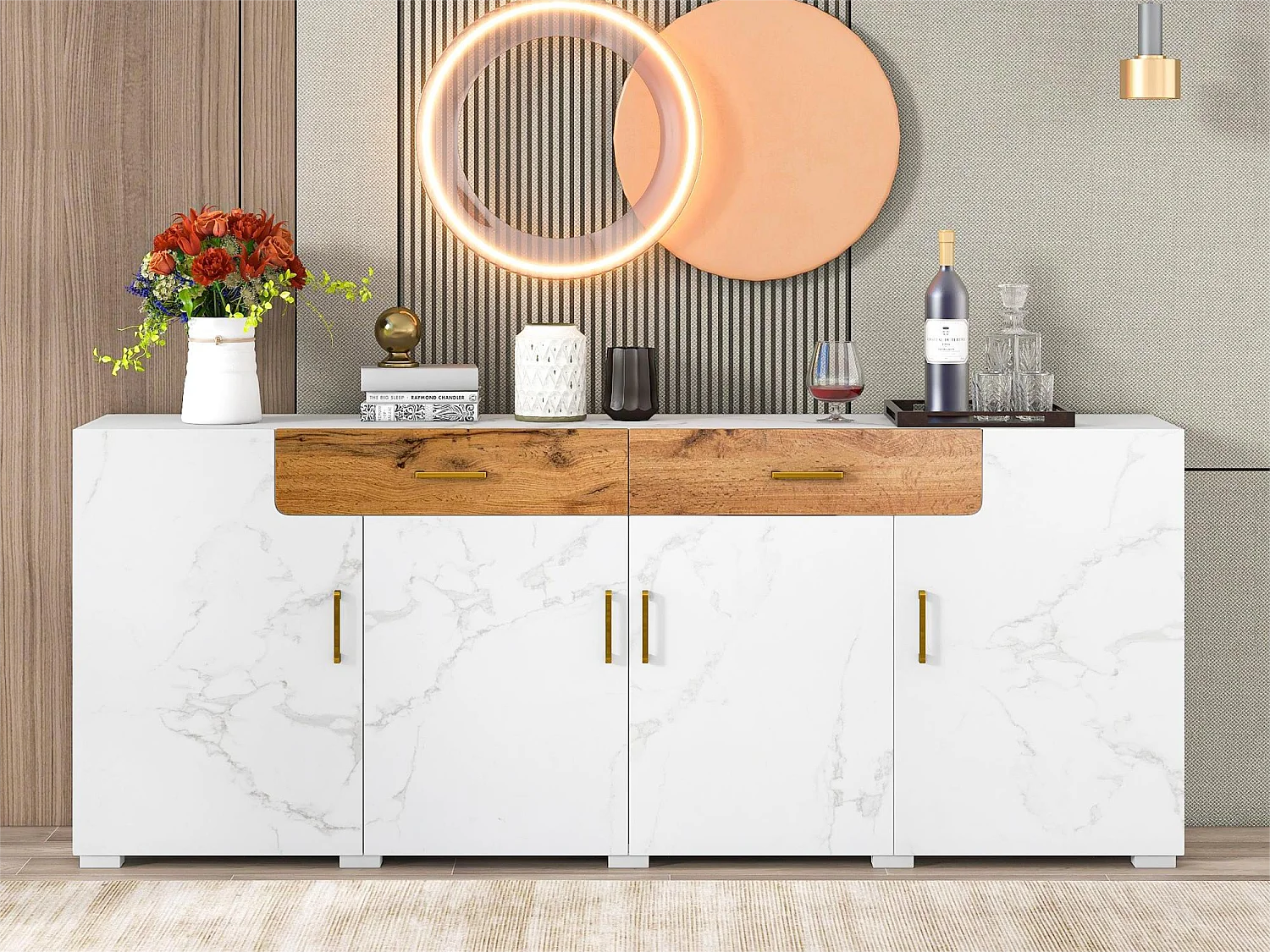 Dressoir met 4 deuren en 2 laden - Spaanplaat - voor woonkamer en eetkamer - Wit en naturel