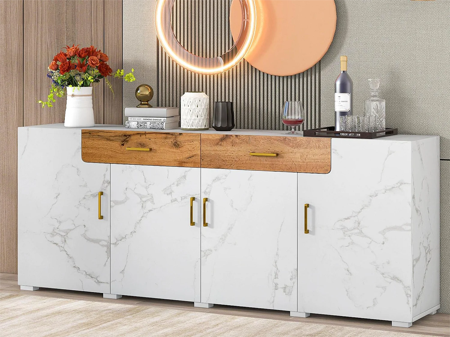 Dressoir met 4 deuren en 2 laden - Spaanplaat - voor woonkamer en eetkamer - Wit en naturel