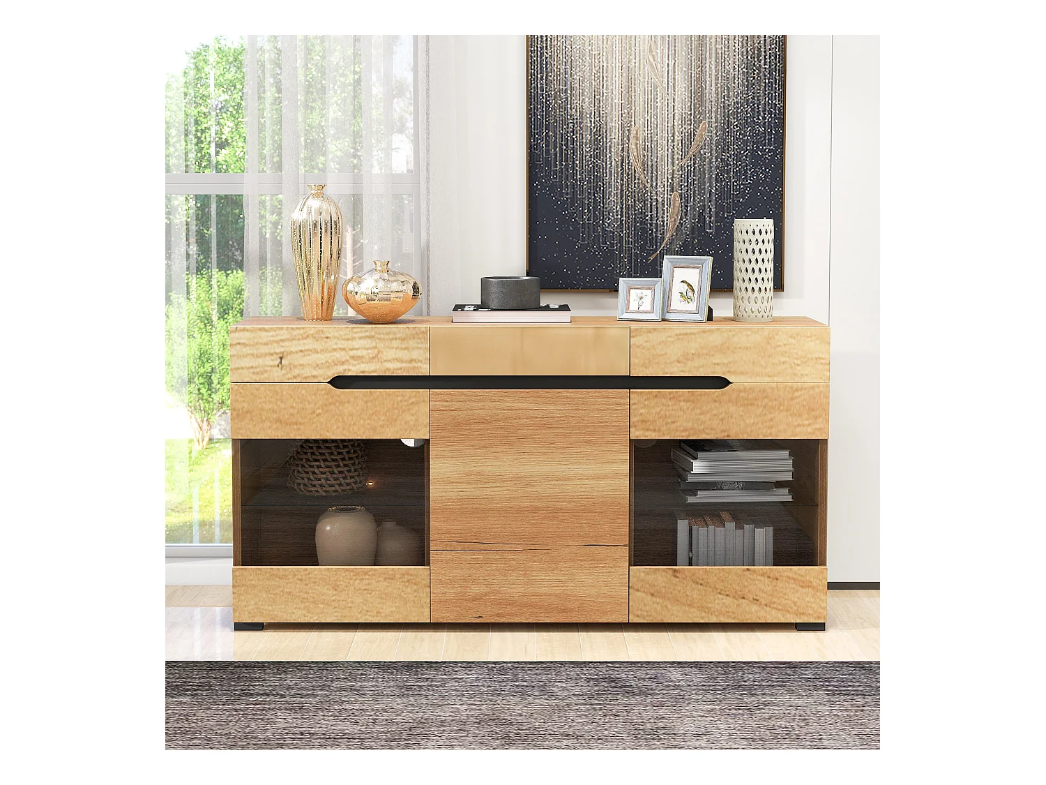 Buffet bas avec 3 portes 3 tiroirs - meuble de salon moderne - LEDs - panneaux de particules - naturel