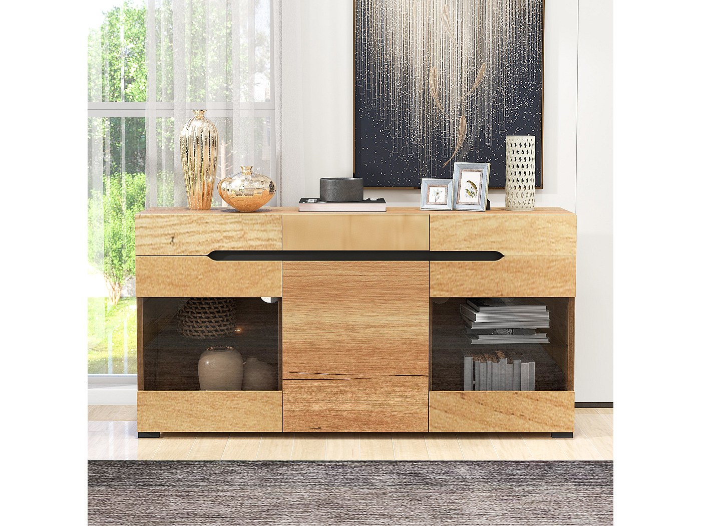 Demeyere Credenza Bassa Industriale 3 Ante 1 Cassetto 2 Nicchie | 185,6x43,3x88,9 Cm Rovere E Grigio - 6