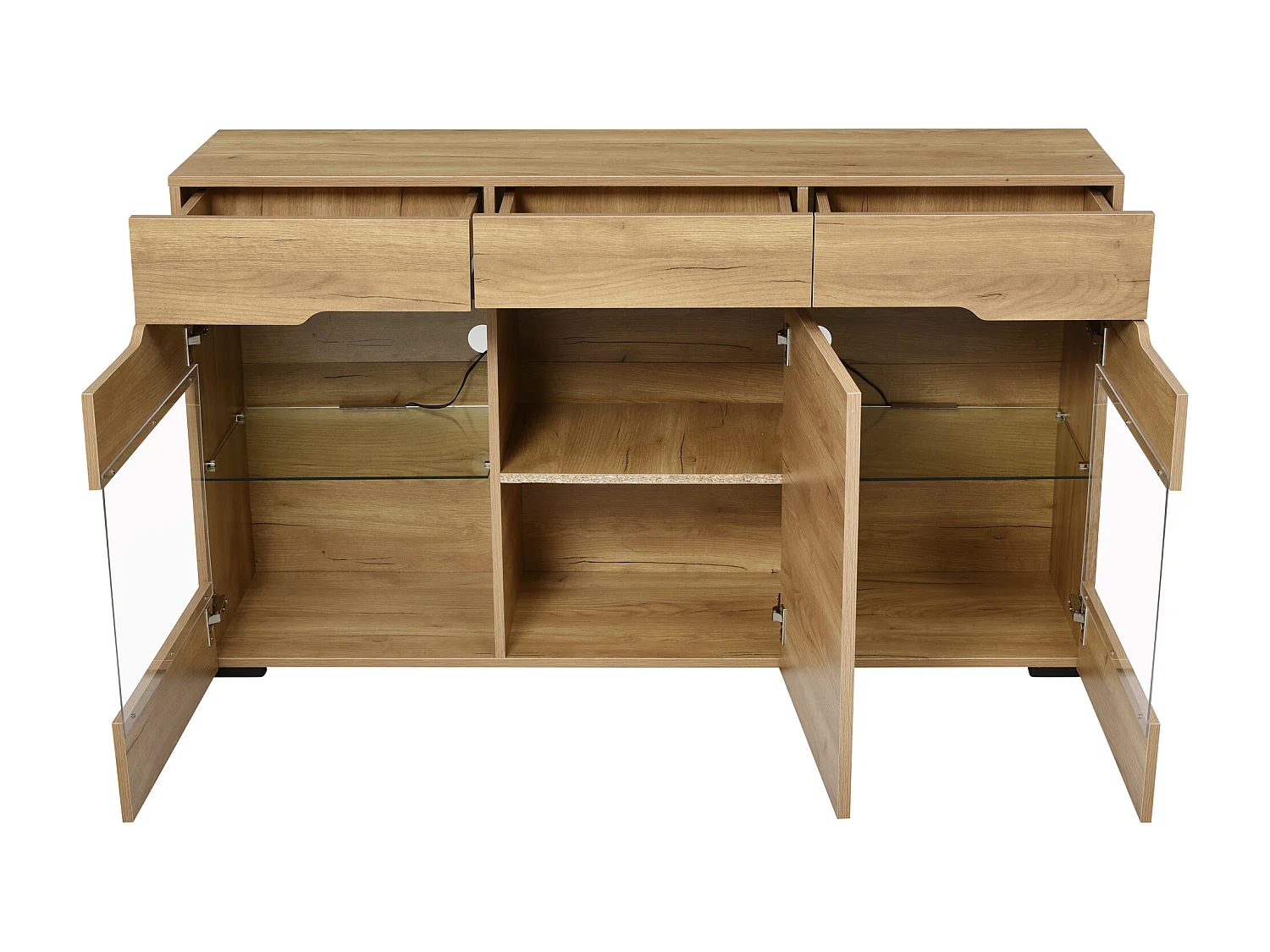 Aparador baixo com 3 portas 3 gavetas - móveis modernos de sala - LEDs - painéis de partículas - natural