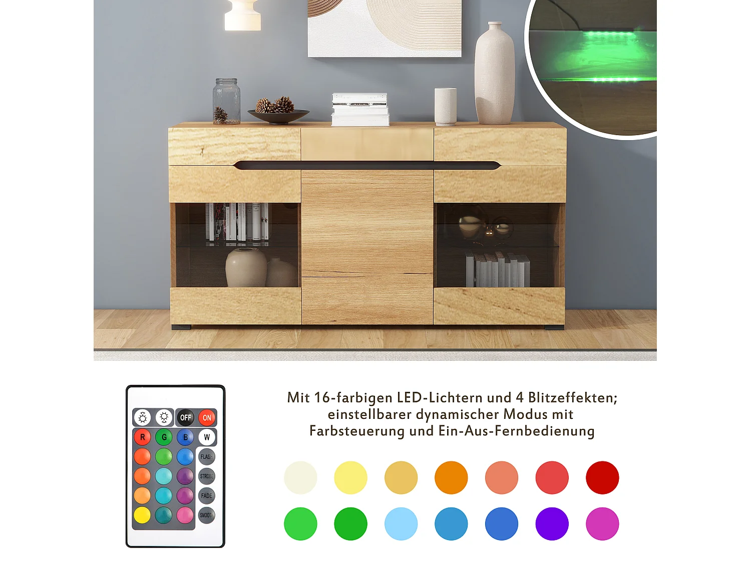 Buffet bas avec 3 portes 3 tiroirs - meuble de salon moderne - LEDs - panneaux de particules - naturel