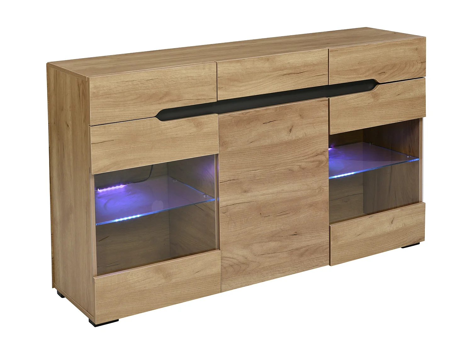 Buffet bas avec 3 portes 3 tiroirs - meuble de salon moderne - LEDs - panneaux de particules - naturel