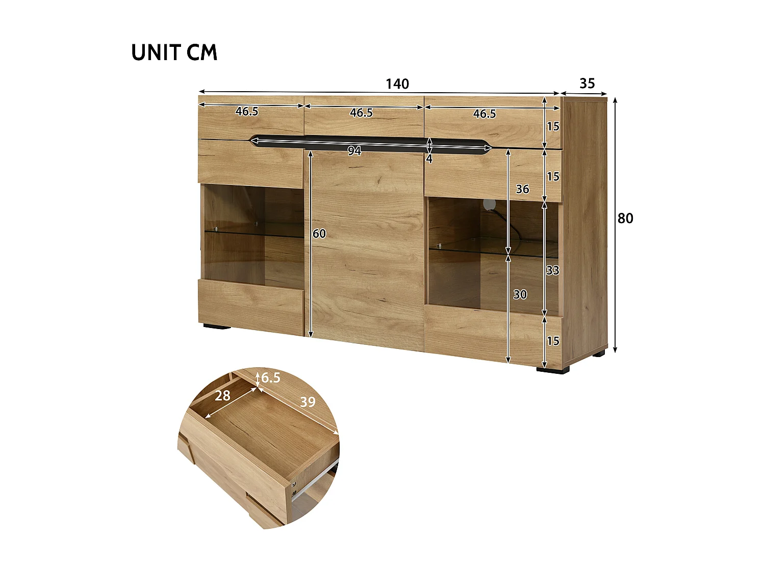 Buffet bas avec 3 portes 3 tiroirs - meuble de salon moderne - LEDs - panneaux de particules - naturel