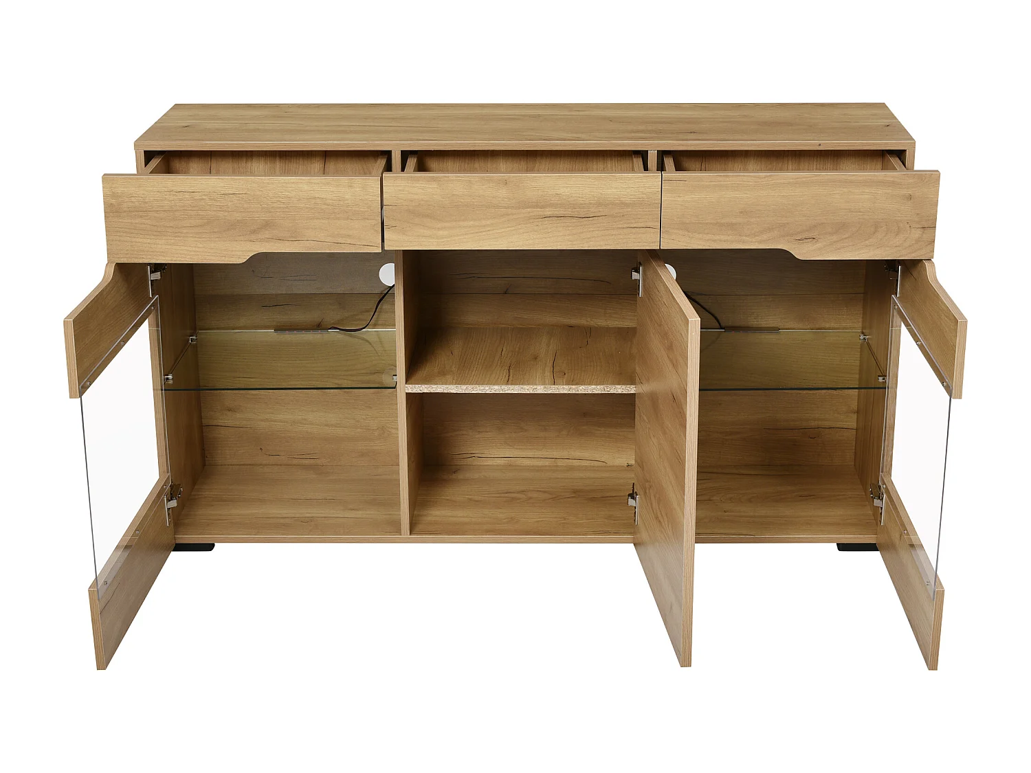 Buffet bas avec 3 portes 3 tiroirs - meuble de salon moderne - LEDs - panneaux de particules - naturel