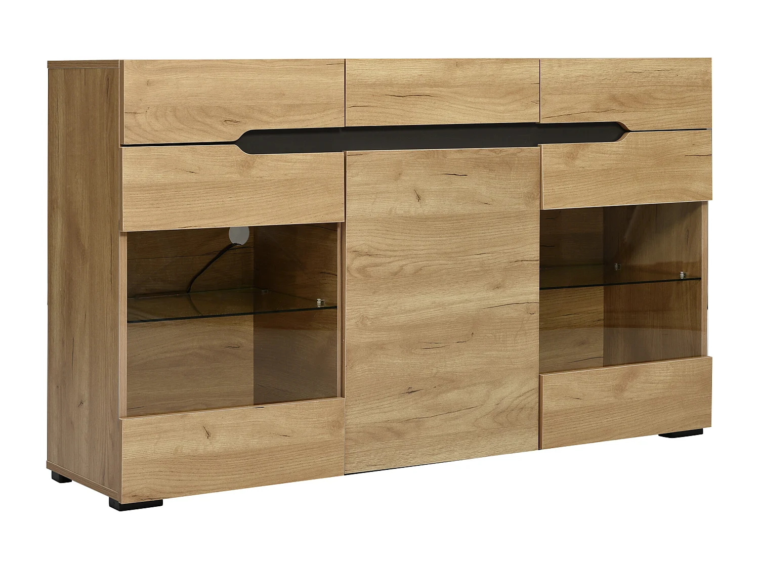 Buffet bas avec 3 portes 3 tiroirs - meuble de salon moderne - LEDs - panneaux de particules - naturel