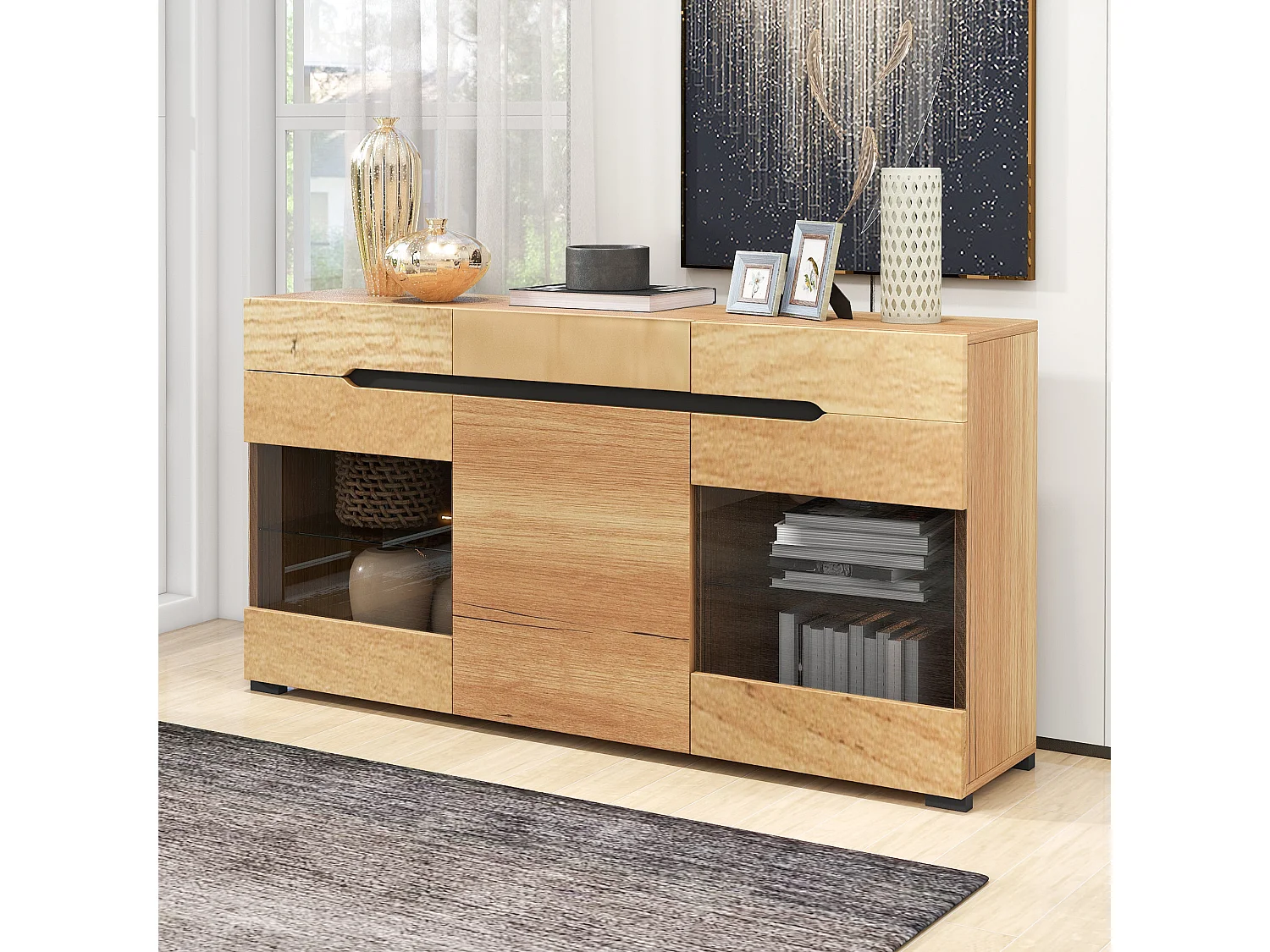 Buffet bas avec 3 portes 3 tiroirs - meuble de salon moderne - LEDs - panneaux de particules - naturel