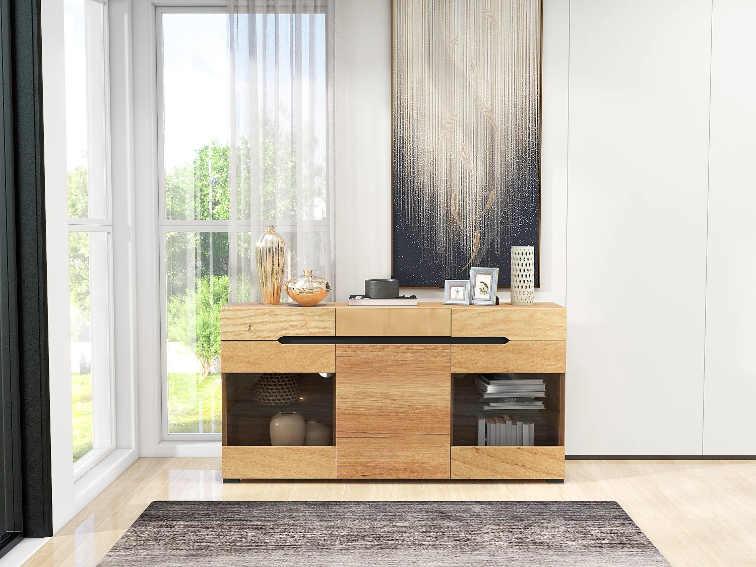 Buffet bas avec 3 portes 3 tiroirs - meuble de salon moderne - LEDs - panneaux de particules - naturel