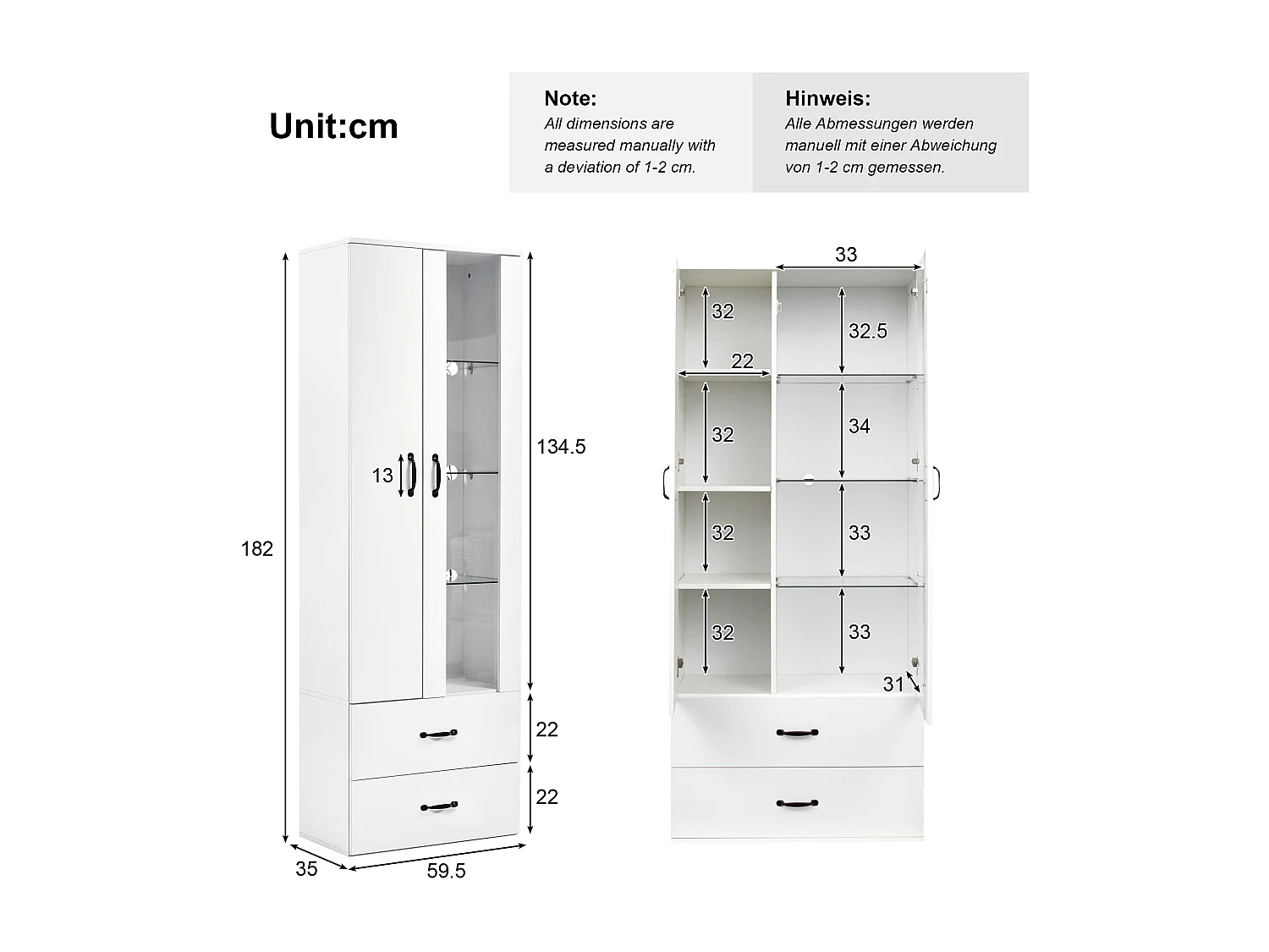 Modernes hohes Sideboard mit 2 Türen und 2 Schubladen – LEDs – Glas und Spanplatte – Weiß
