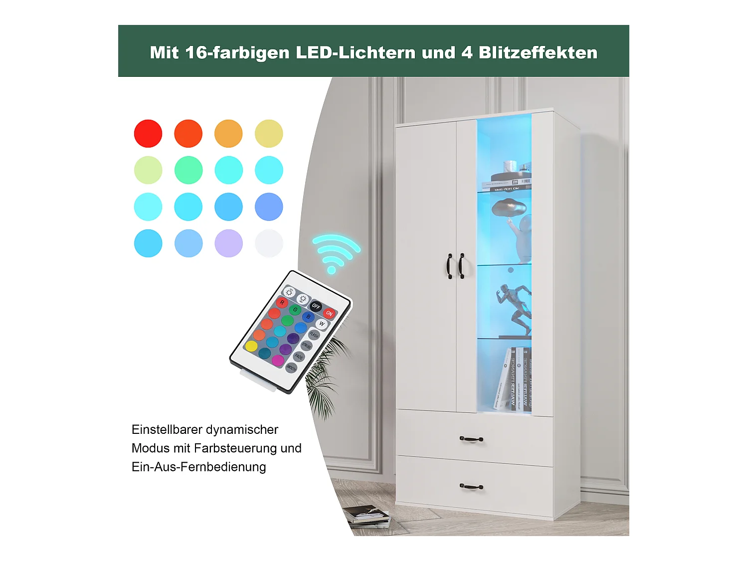 Modernes hohes Sideboard mit 2 Türen und 2 Schubladen – LEDs – Glas und Spanplatte – Weiß