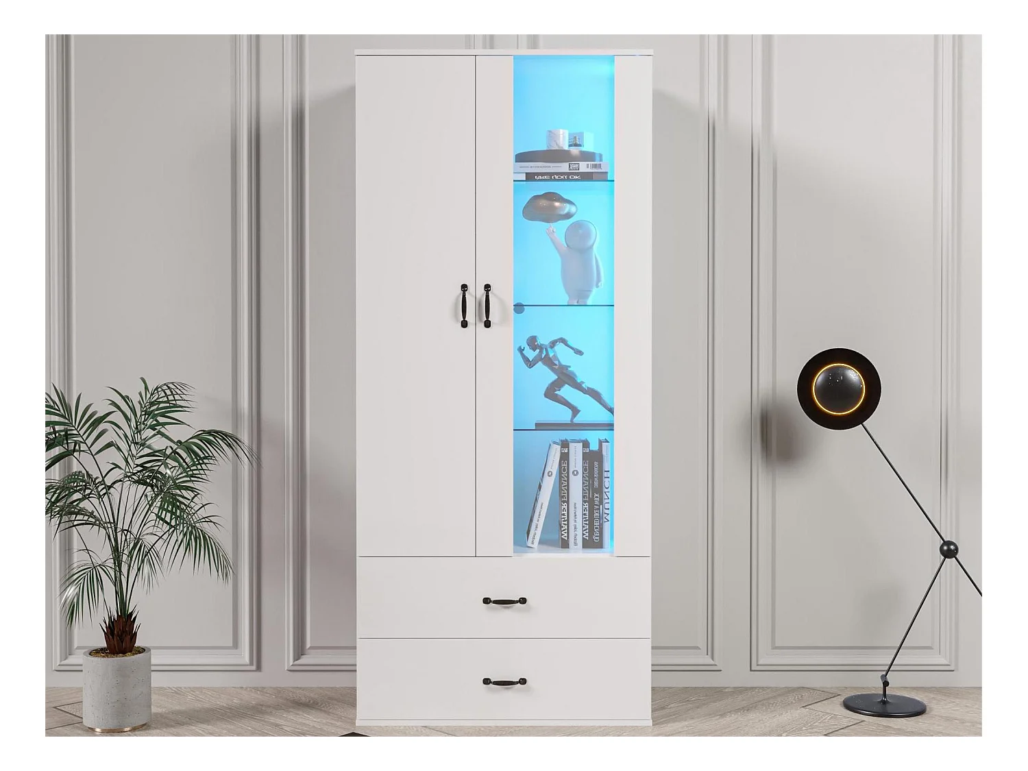 Buffet haut moderne avec 2 portes et 2 tiroirs - LEDs - verre et panneaux de particules - blanc