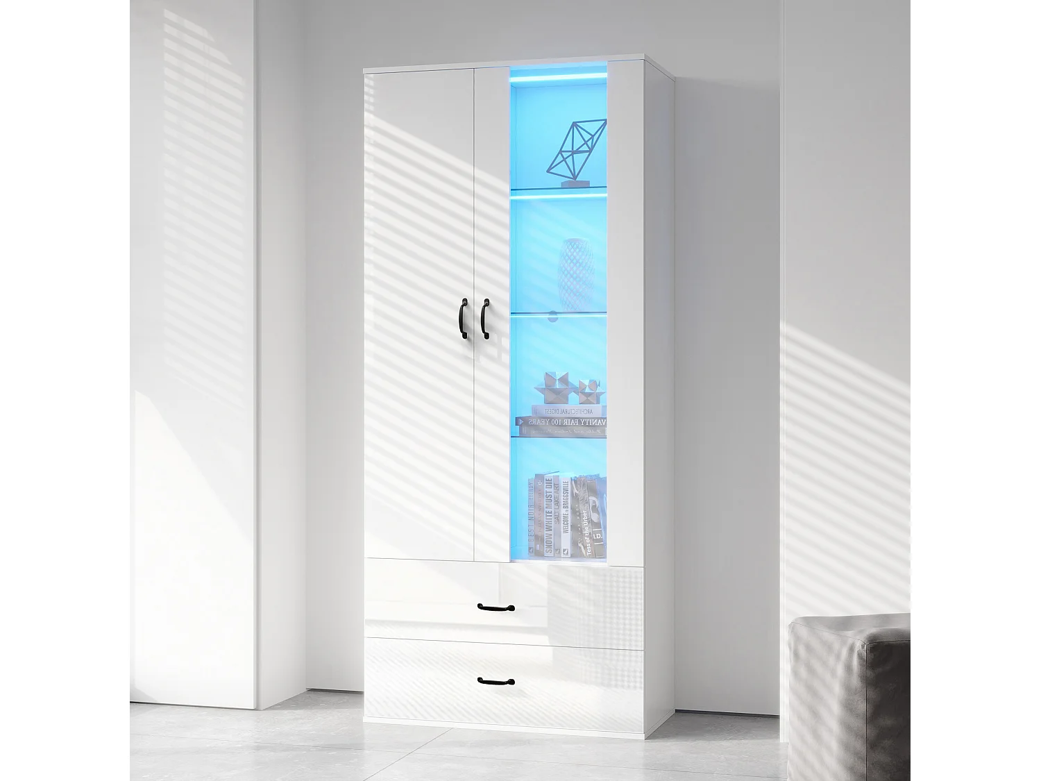 Credenza alta moderna con 2 ante e 2 cassetti - LED - vetro e pannelli di particelle - bianco