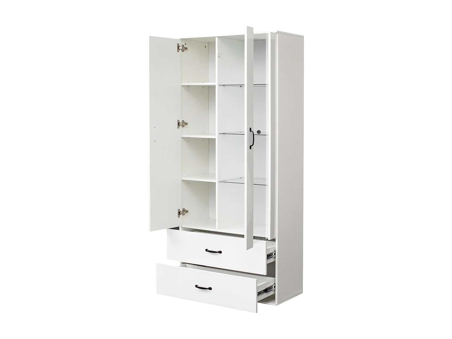 Credenza alta moderna con 2 ante e 2 cassetti - LED - vetro e pannelli di particelle - bianco