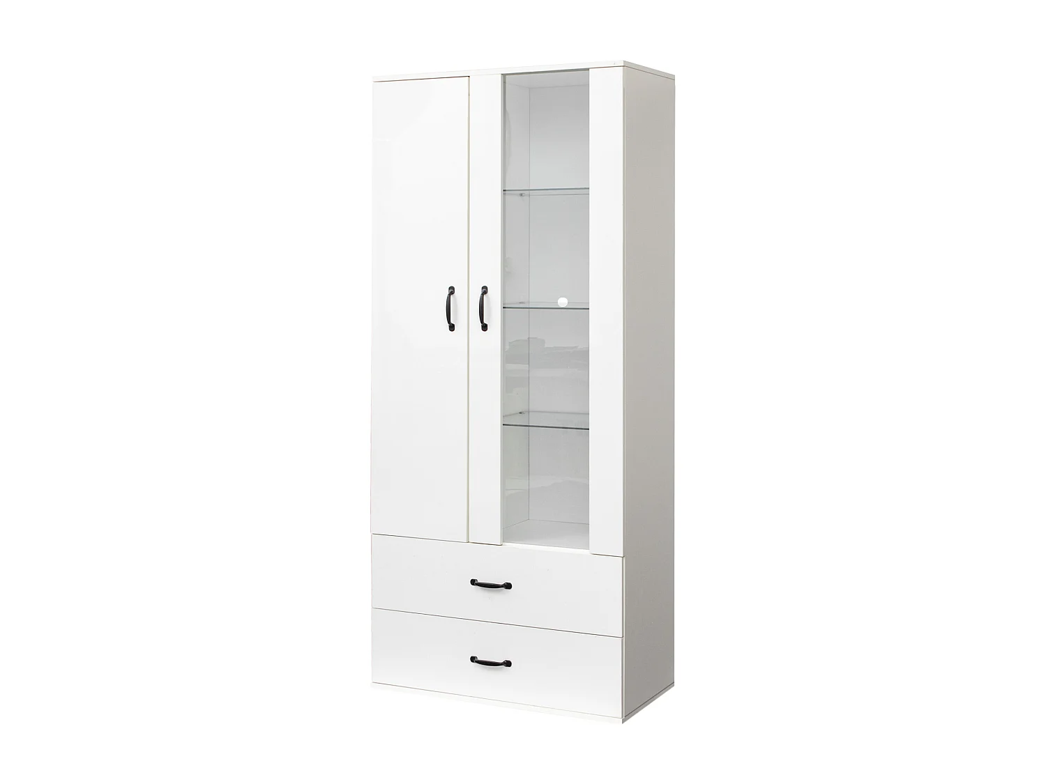 Credenza alta moderna con 2 ante e 2 cassetti - LED - vetro e pannelli di particelle - bianco