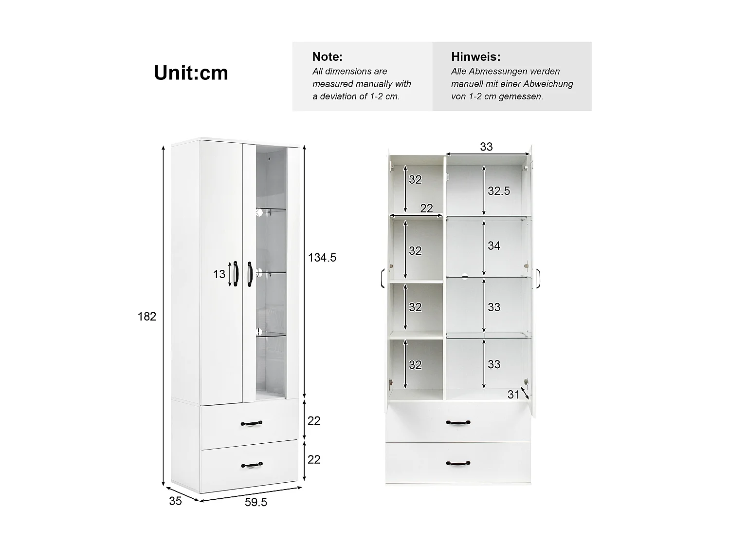 Credenza alta moderna con 2 ante e 2 cassetti - LED - vetro e pannelli di particelle - bianco