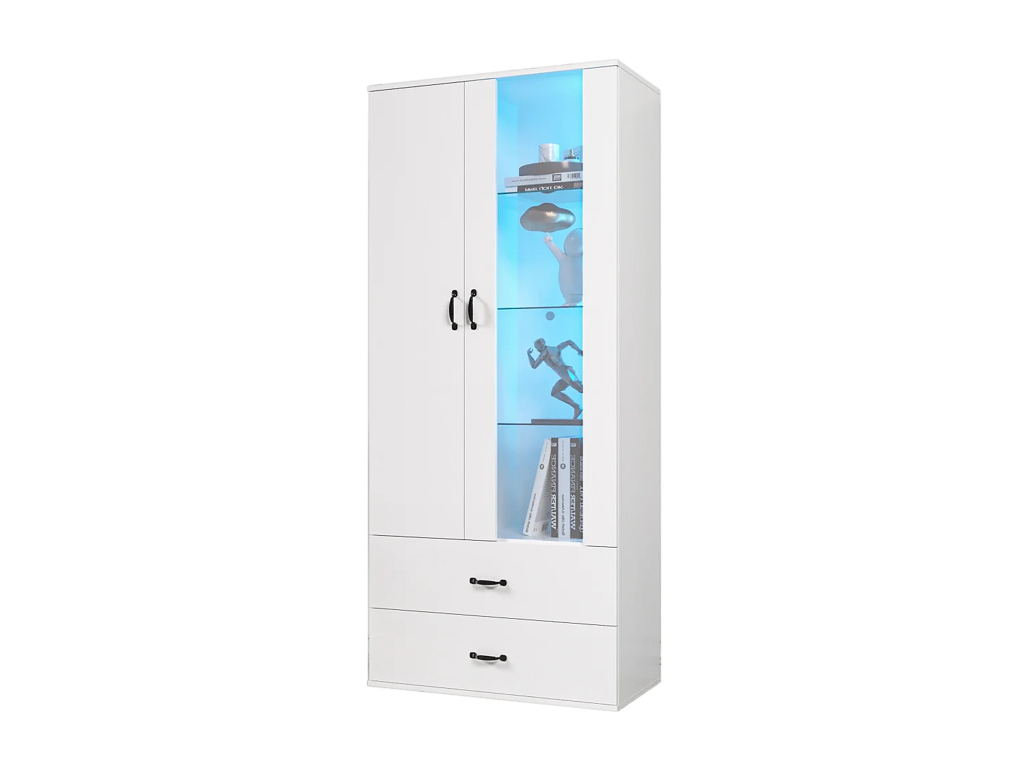 Credenza alta moderna con 2 ante e 2 cassetti - LED - vetro e pannelli di particelle - bianco