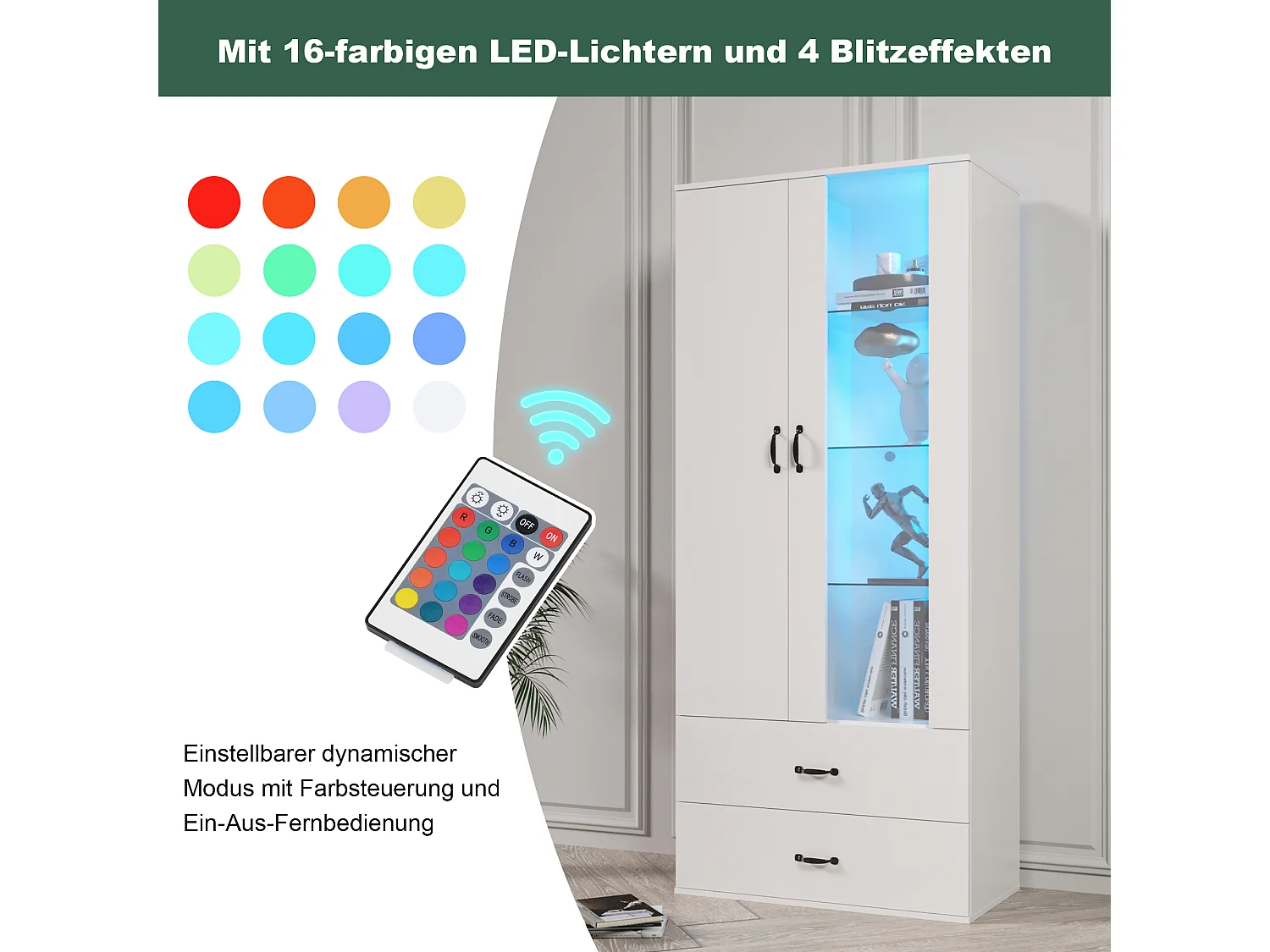 Credenza alta moderna con 2 ante e 2 cassetti - LED - vetro e pannelli di particelle - bianco