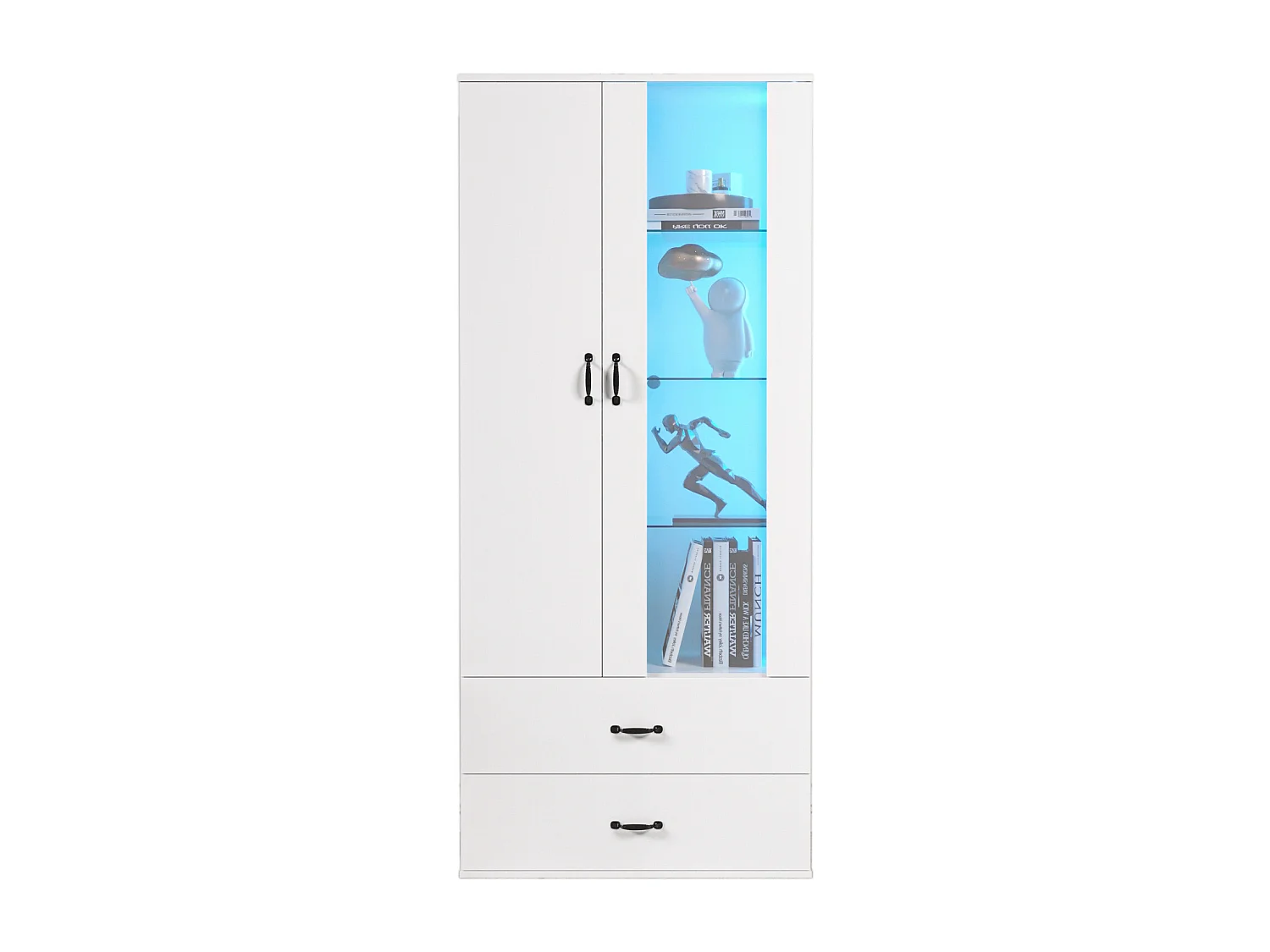 Credenza alta moderna con 2 ante e 2 cassetti - LED - vetro e pannelli di particelle - bianco