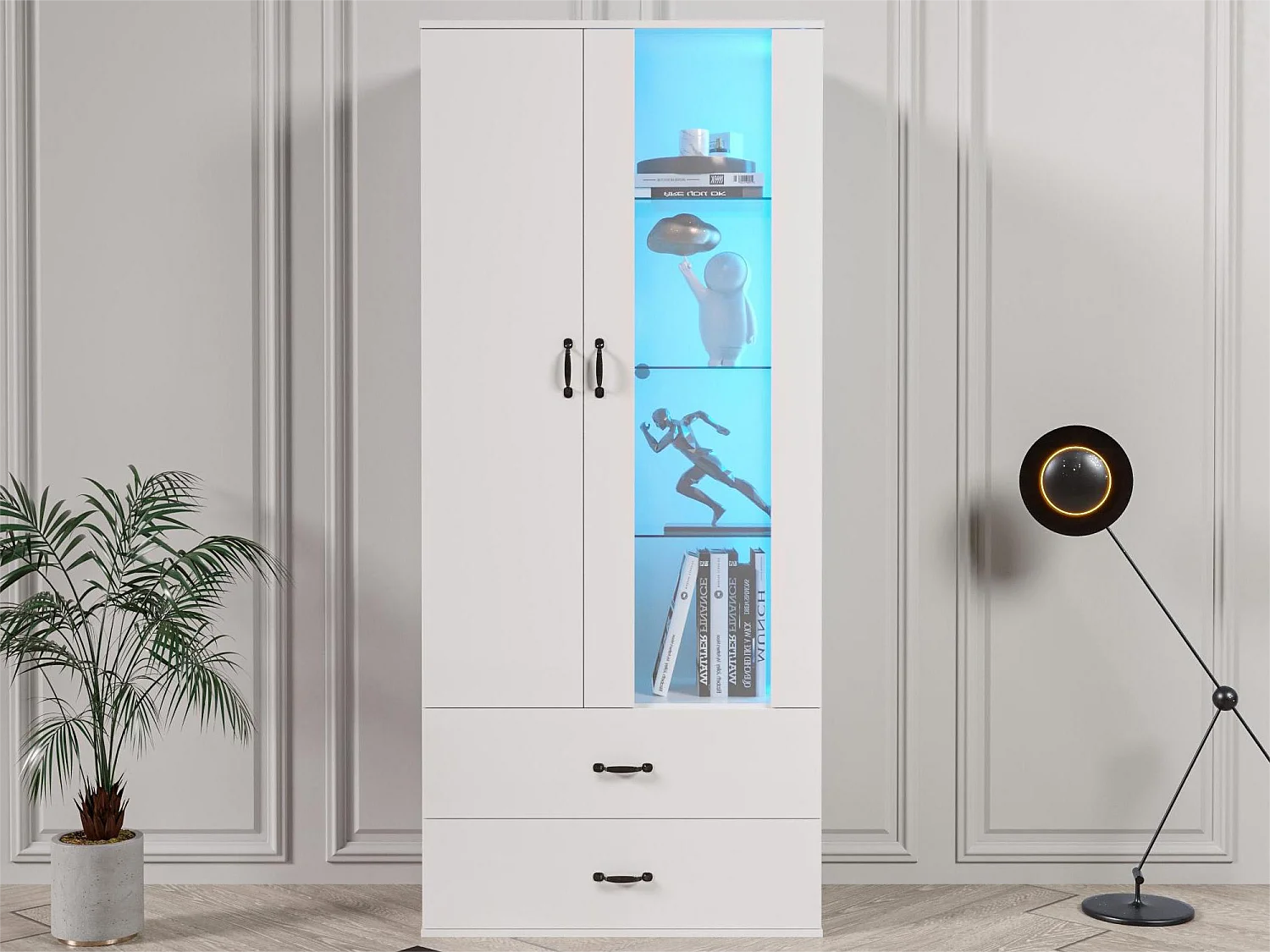 Modern hoog dressoir met 2 deuren en 2 lades - LED's - glas en spaanplaat - wit