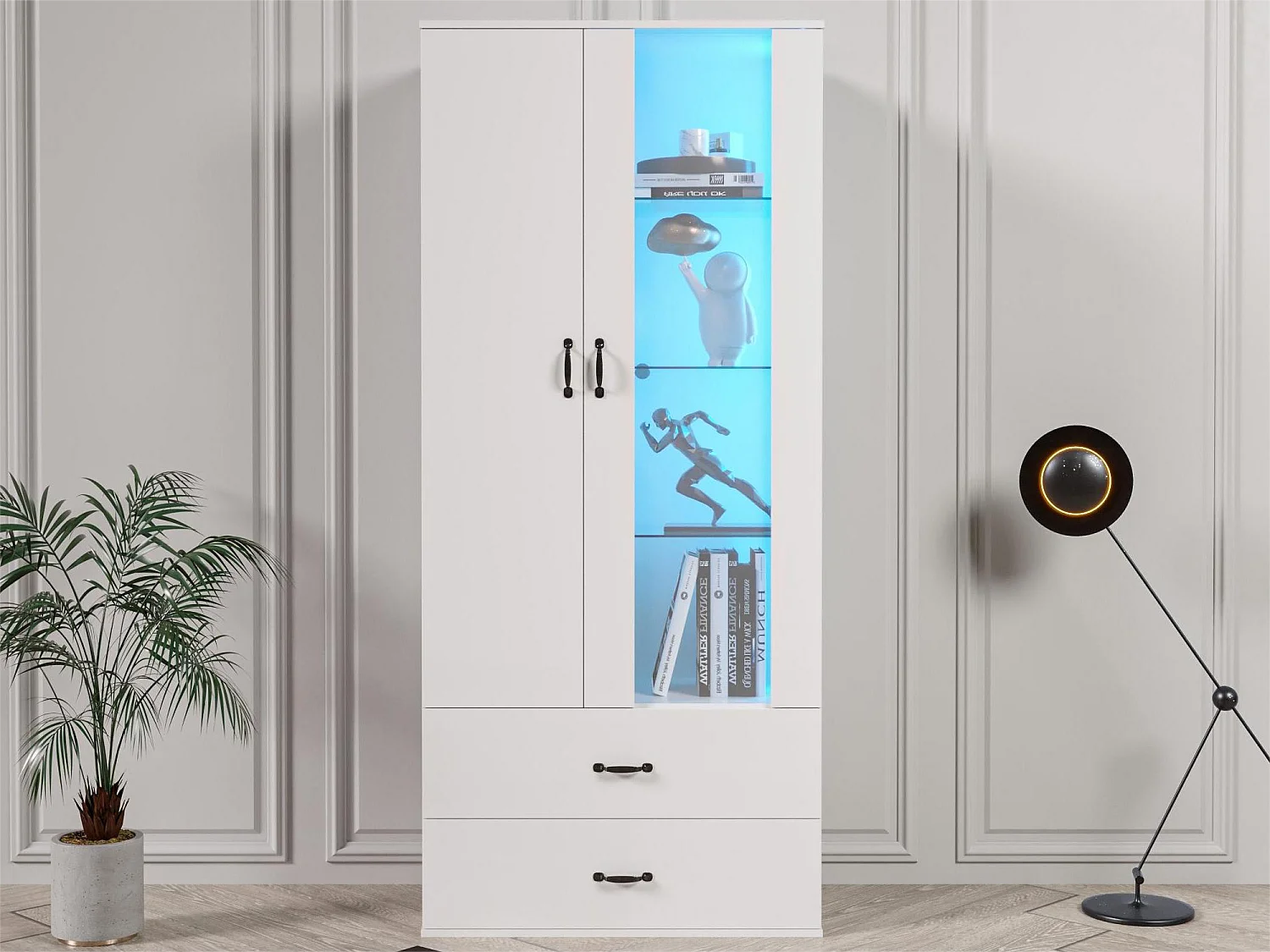 Credenza alta moderna con 2 ante e 2 cassetti - LED - vetro e pannelli di particelle - bianco