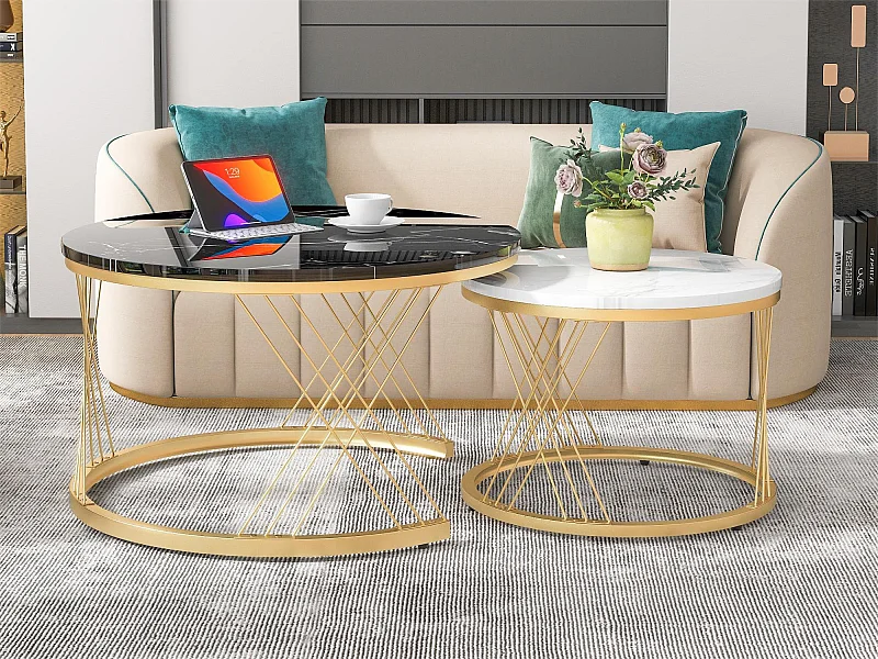 Zusammensetzbare Couchtische aus Holz – Furnier mit weißem Marmormuster und goldenem Metall – MDF – für das Wohnzimmer – Schwarz und Weiß