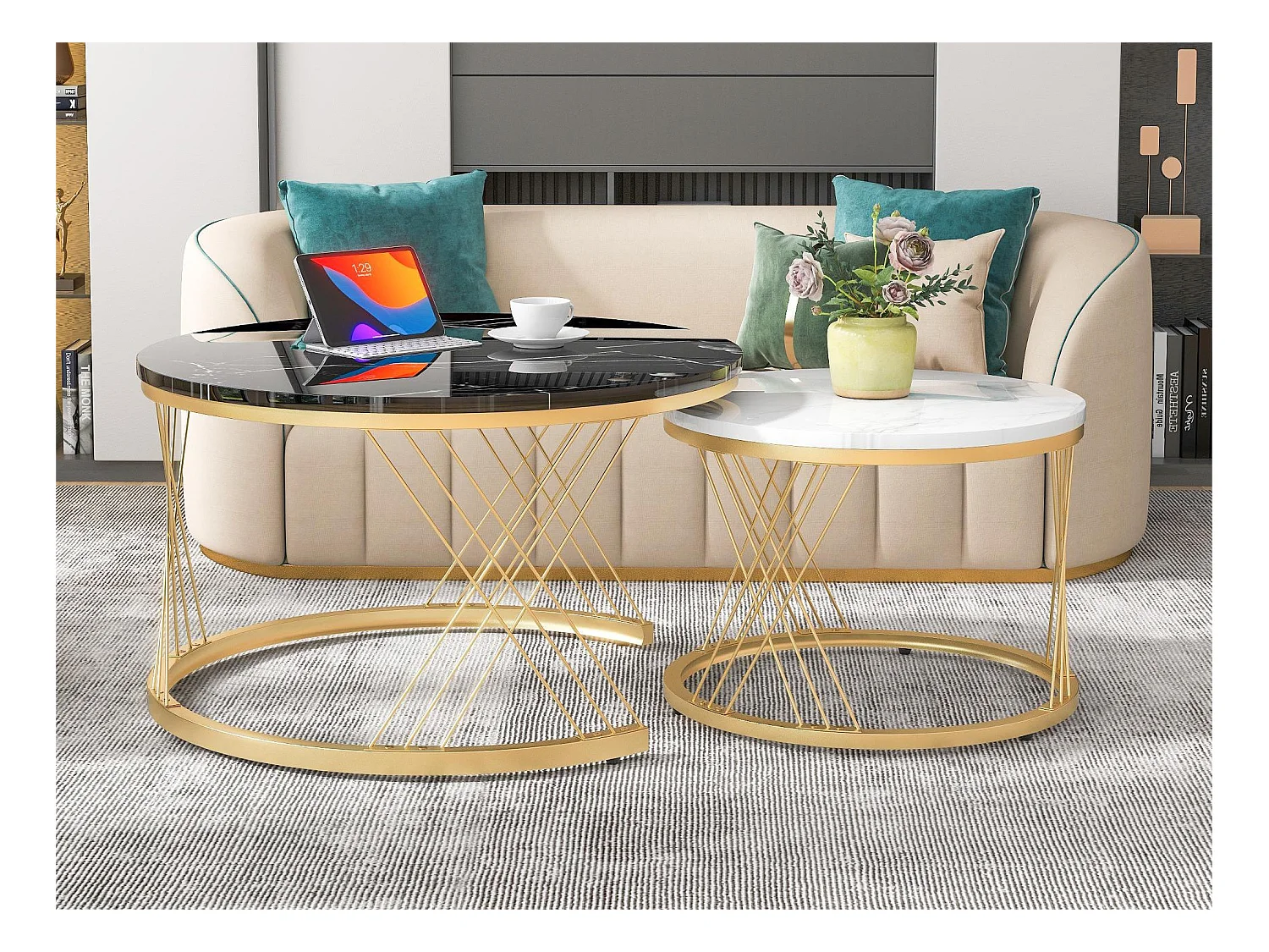 Zusammensetzbare Couchtische aus Holz – Furnier mit weißem Marmormuster und goldenem Metall – MDF – für das Wohnzimmer – Schwarz und Weiß