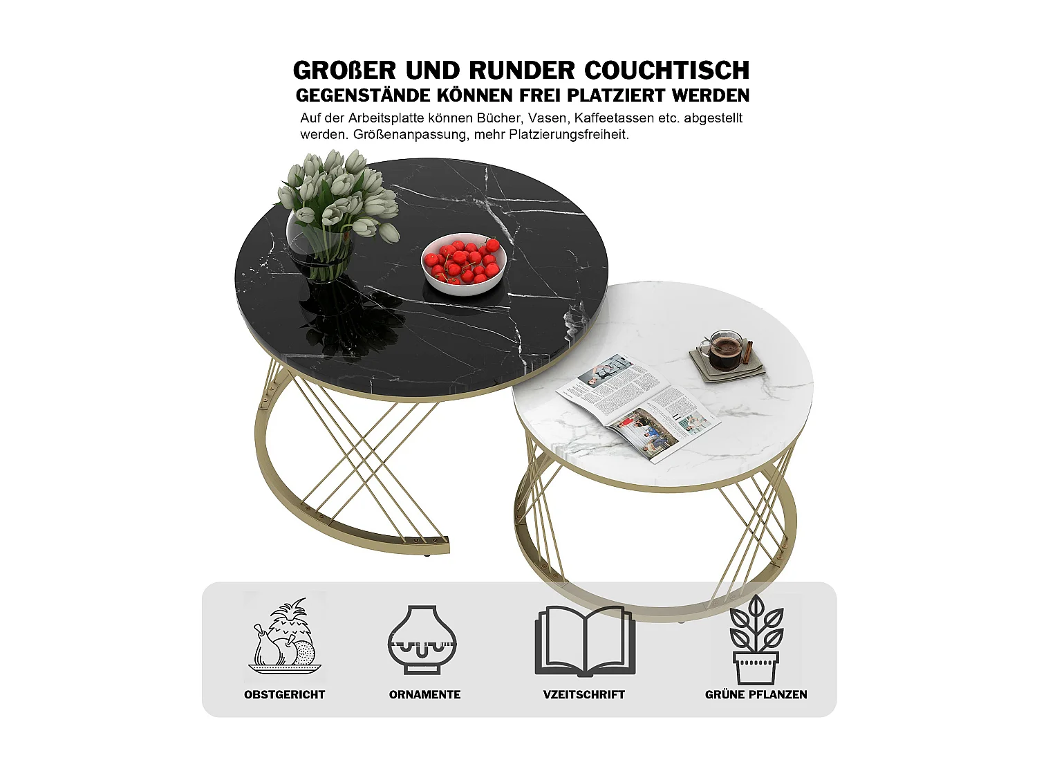 Zusammensetzbare Couchtische aus Holz – Furnier mit weißem Marmormuster und goldenem Metall – MDF – für das Wohnzimmer – Schwarz und Weiß