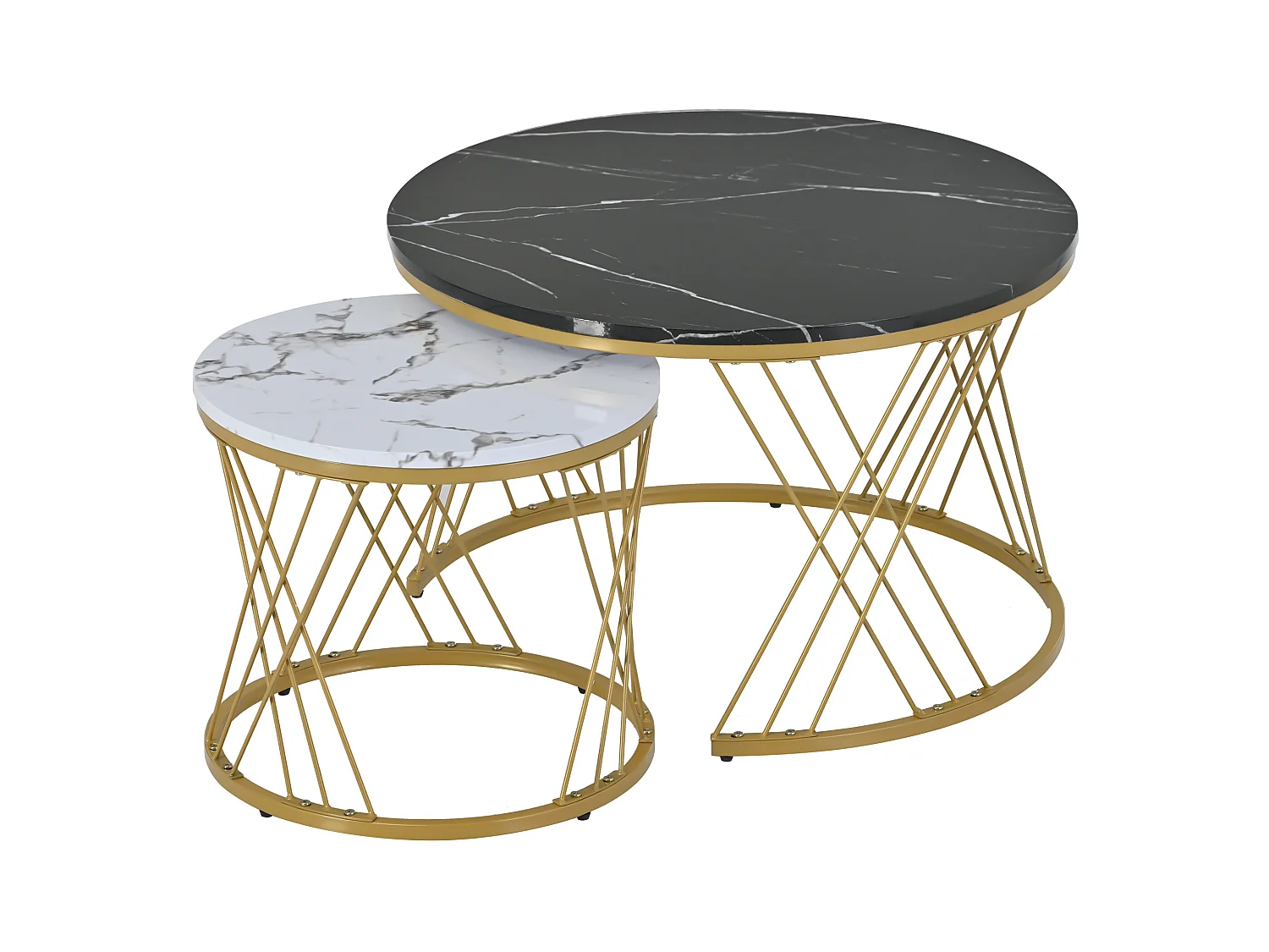 Zusammensetzbare Couchtische aus Holz – Furnier mit weißem Marmormuster und goldenem Metall – MDF – für das Wohnzimmer – Schwarz und Weiß