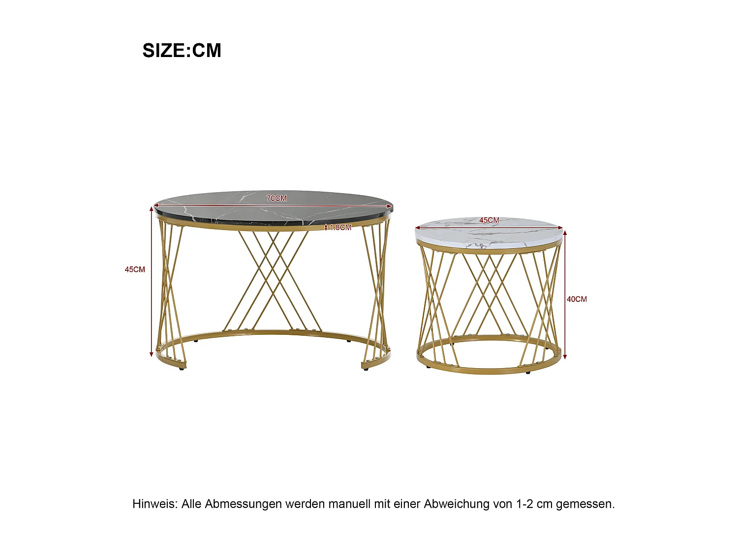 Zusammensetzbare Couchtische aus Holz – Furnier mit weißem Marmormuster und goldenem Metall – MDF – für das Wohnzimmer – Schwarz und Weiß